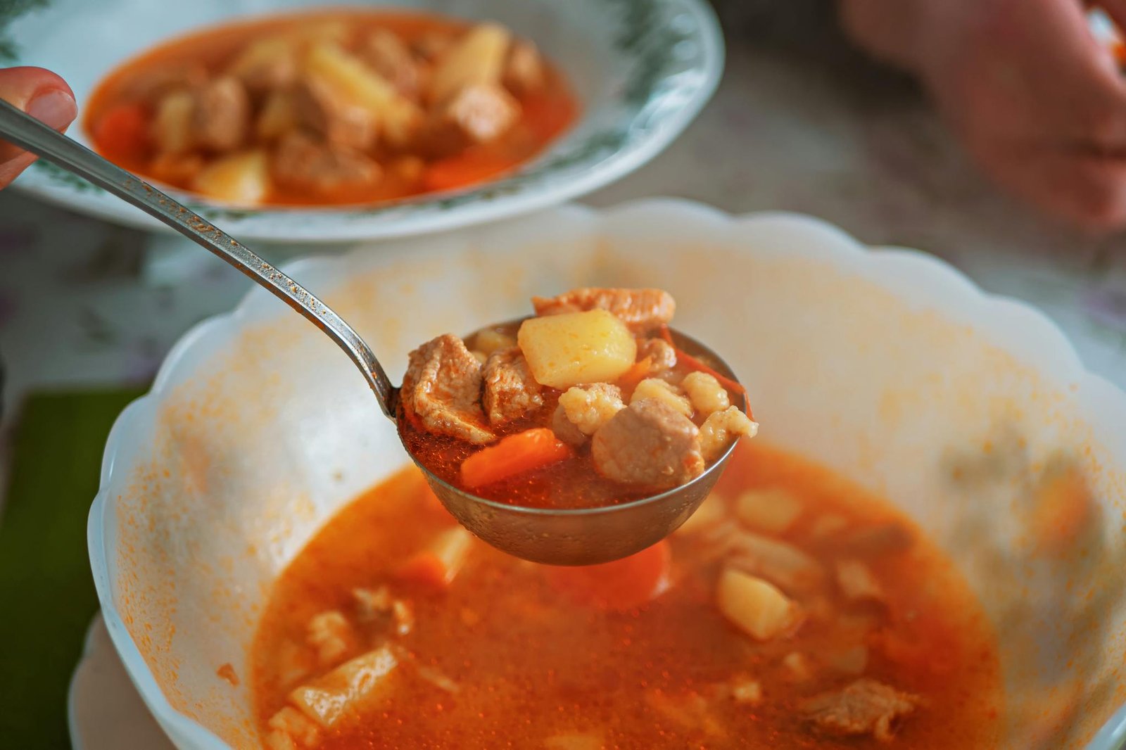 Tasty homemade soup with meat and vegetables in a bowl, served with a ladle.